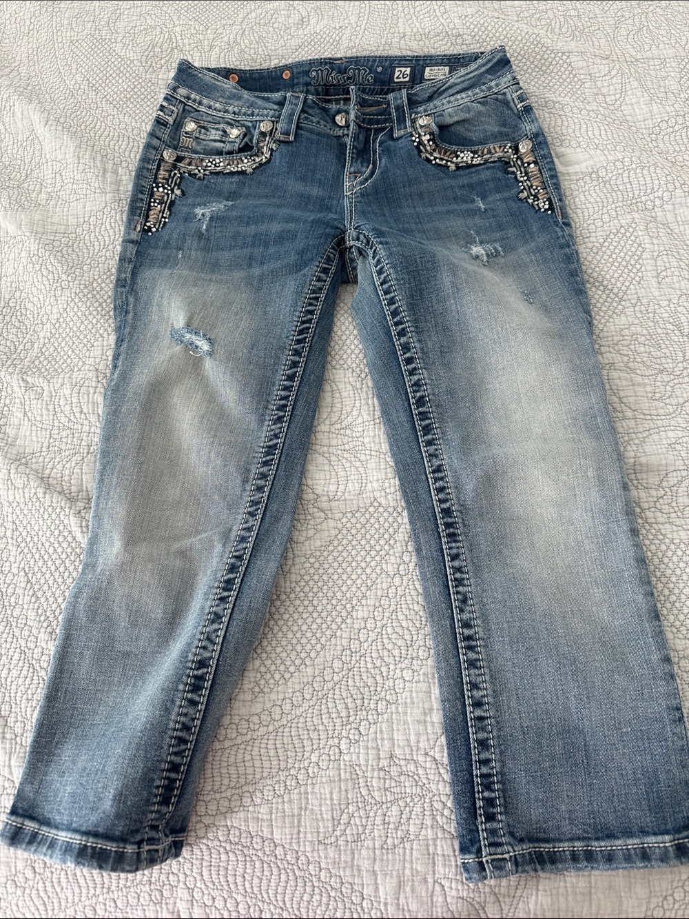 Miss Me Distressed Medium Blue Boot Cut Jeans with Rhinestone Trim